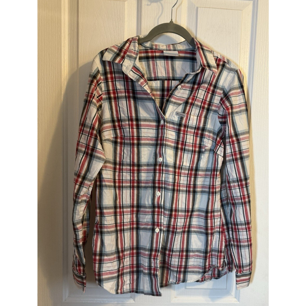 Columbia Womens S Plaid Button Front Long Sleeve Shirt Red Blue Lightweight